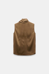 Dorothee Schumacher Sleeveless Satin Blouse with Tie Collar in Porcini Vancouver. Shop Online or in Store