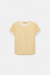 Dorothee Schumacher Stretch Cotton Shrunken T-Shirt with Contrast Trim in Pastel Yellow Vancouver. Shop Online or in Store.