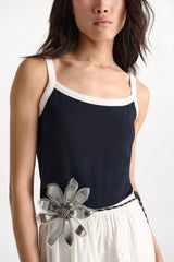 Dorothee Schumacher Stretch Cotton Tank Top with Contrast Trim in Navy Vancouver. Shop Online or in Store.