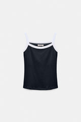 Dorothee Schumacher Stretch Cotton Tank Top with Contrast Trim in Navy Vancouver. Shop Online or in Store.
