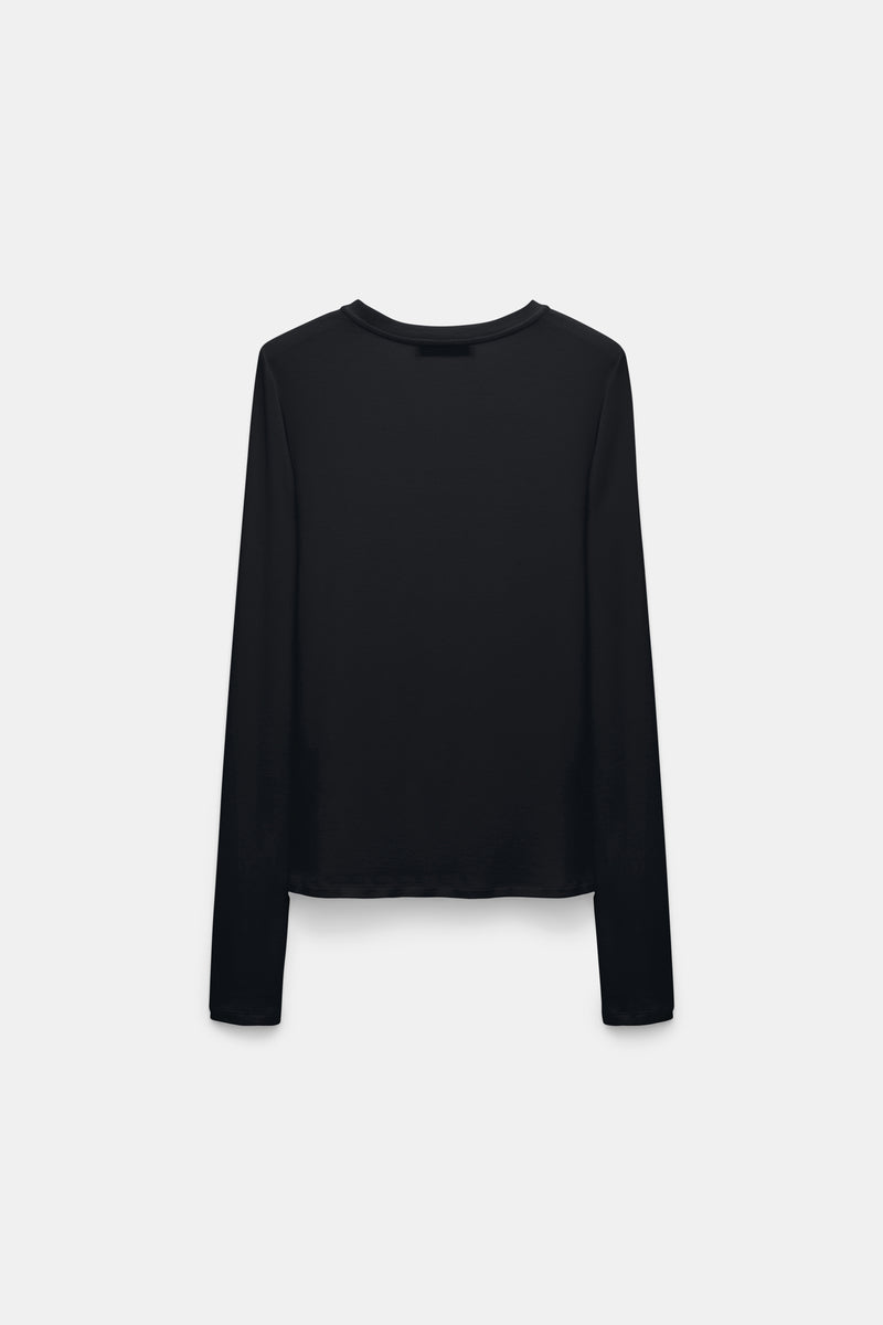 Dorothee Schumacher Stretch Knit Viscose Cashmere Long Sleeve Top in Black Vancouver. Shop Online or in Store.