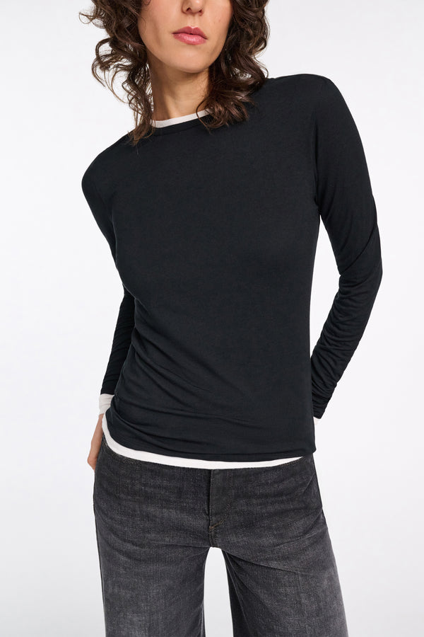 Dorothee Schumacher Stretch Knit Viscose Cashmere Long Sleeve Top in Black Vancouver. Shop Online or in Store.