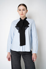 Dorothee Schumacher Stretch Poplin Blouse with Draped Bow in Icy Blue Vancouver. Shop Online or in Store.