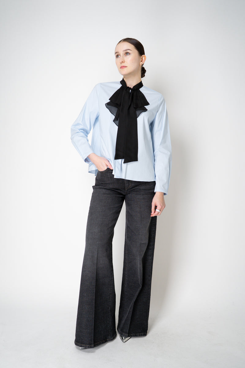 Dorothee Schumacher Stretch Poplin Blouse with Draped Bow in Icy Blue Vancouver. Shop Online or in Store.