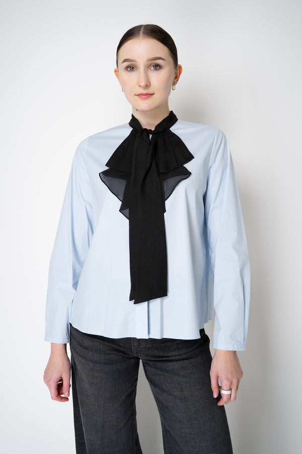 Dorothee Schumacher Stretch Poplin Blouse with Draped Bow in Icy Blue Vancouver. Shop Online or in Store.