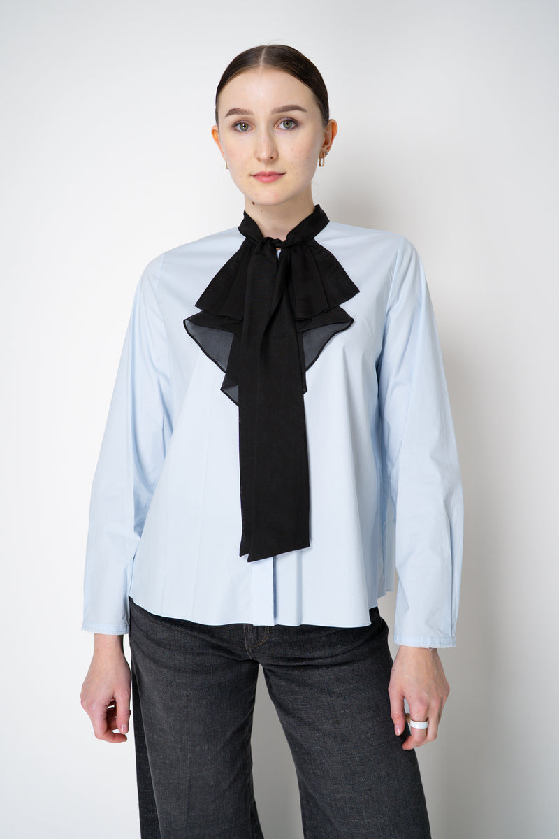 Dorothee Schumacher Stretch Poplin Blouse with Draped Bow in Icy Blue Vancouver. Shop Online or in Store.