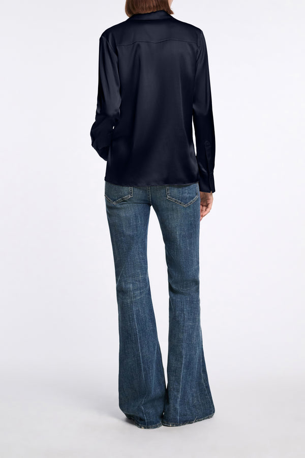 Dorothee Schumacher Stretch Silk Satin Blouse in Navy Vancouver. Shop Online or in Store.