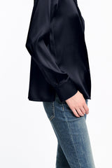 Dorothee Schumacher Stretch Silk Satin Blouse in Navy Vancouver. Shop Online or in Store.