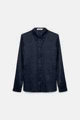 Dorothee Schumacher Stretch Silk Satin Blouse in Navy Vancouver. Shop Online or in Store.