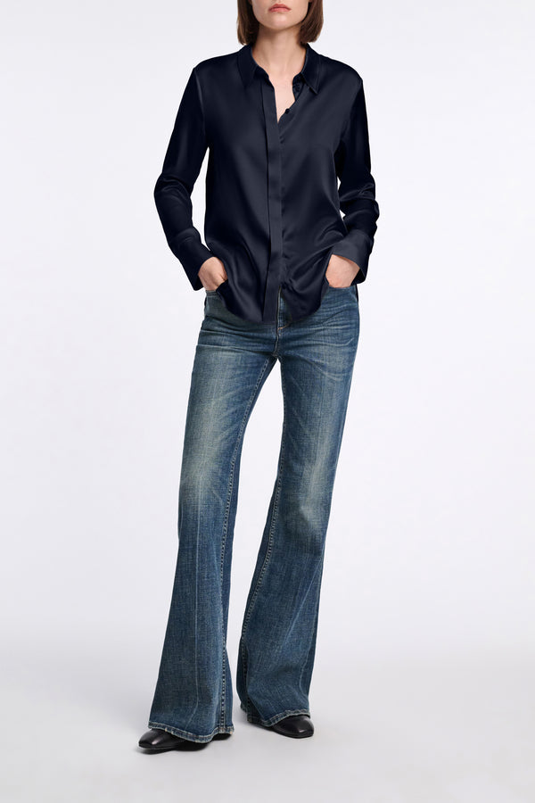 Dorothee Schumacher Stretch Silk Satin Blouse in Navy Vancouver. Shop Online or in Store.