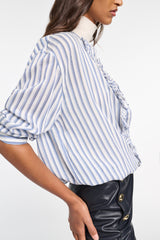 Dorothee Schumacher Striped Silk-Viscose Blouson-Style Blouse with Ruffles in Blue Shadow Stripe Vancouver. Shop Online or in Store.