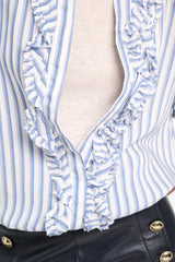 Dorothee Schumacher Striped Silk-Viscose Blouson-Style Blouse with Ruffles in Blue Shadow Stripe Vancouver. Shop Online or in Store.
