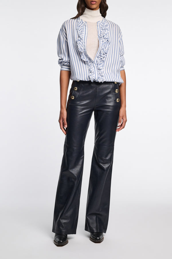 Dorothee Schumacher Striped Silk-Viscose Blouson-Style Blouse with Ruffles in Blue Shadow Stripe Vancouver. Shop Online or in Store.