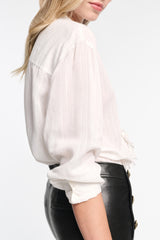 Dorothee Schumacher Striped Silk-Viscose Blouson-Style Blouse with Ruffles in Pure White Vancouver. Shop Online or in Store.