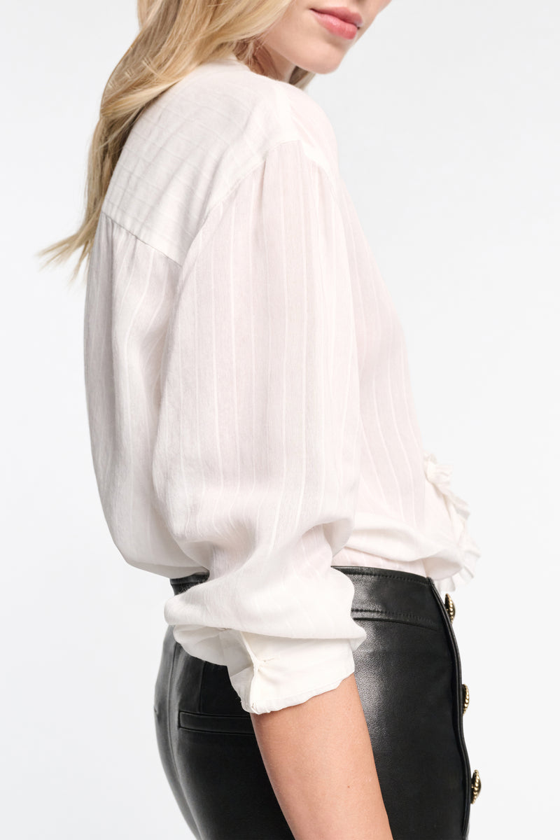 Dorothee Schumacher Striped Silk-Viscose Blouson-Style Blouse with Ruffles in Pure White Vancouver. Shop Online or in Store.