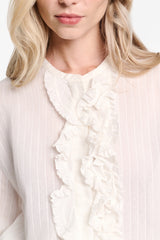 Dorothee Schumacher Striped Silk-Viscose Blouson-Style Blouse with Ruffles in Pure White Vancouver. Shop Online or in Store.