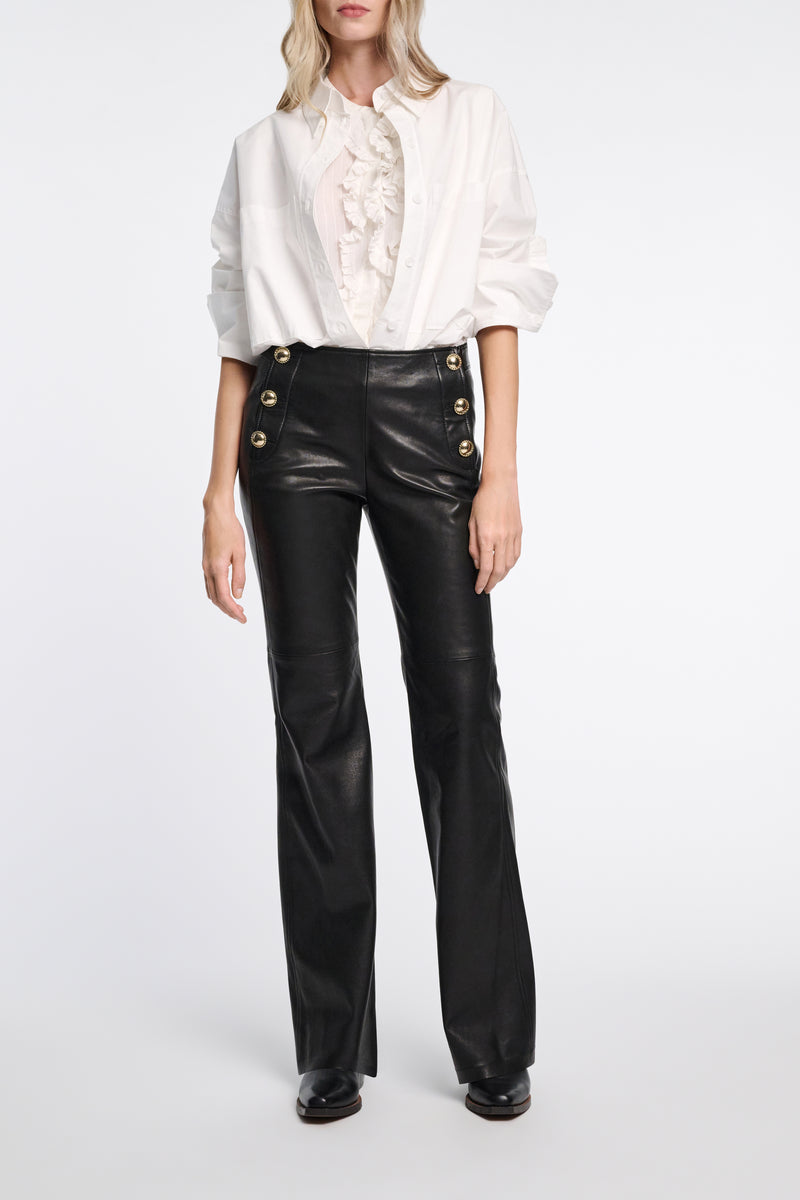 Dorothee Schumacher Striped Silk-Viscose Blouson-Style Blouse with Ruffles in Pure White Vancouver. Shop Online or in Store.