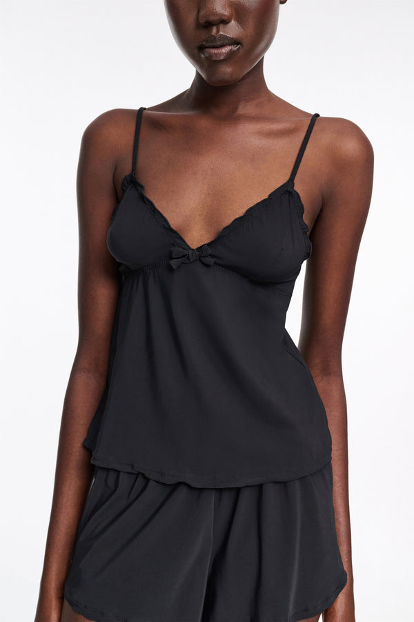 Dorothee Schumacher Technical Jersey Ruffled Coquette Camisole in Black Vancouver. Shop Online or in Store.