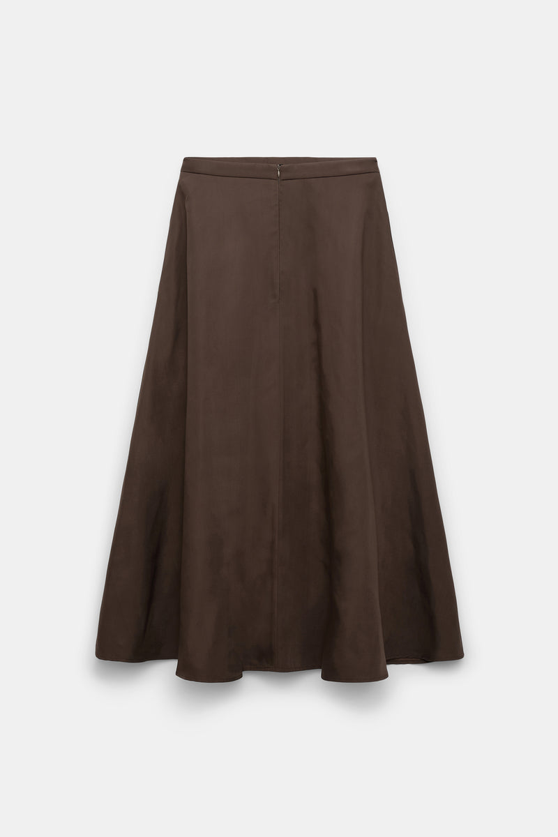 Dorothee Schumacher Techno Stretch A-Line Nylon Midi Skirt in Chocolate Brown Vancouver. Shop Online or in Store.