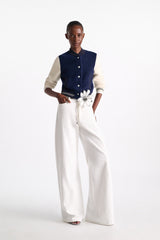 Dorothee Schumacher Two-Tone Knit Bomber Jacket in Navy and White Vancouver. Shop Online or in Store.