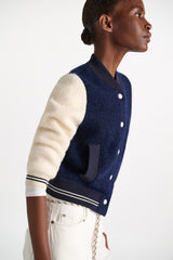 Dorothee Schumacher Two-Tone Knit Bomber Jacket in Navy and White Vancouver. Shop Online or in Store.