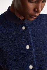 Dorothee Schumacher Two-Tone Knit Bomber Jacket in Navy and White Vancouver. Shop Online or in Store.