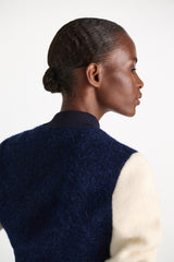 Dorothee Schumacher Two-Tone Knit Bomber Jacket in Navy and White Vancouver. Shop Online or in Store.