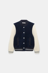 Dorothee Schumacher Two-Tone Knit Bomber Jacket in Navy and White Vancouver. Shop Online or in Store.