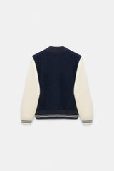 Dorothee Schumacher Two-Tone Knit Bomber Jacket in Navy and White Vancouver. Shop Online or in Store.