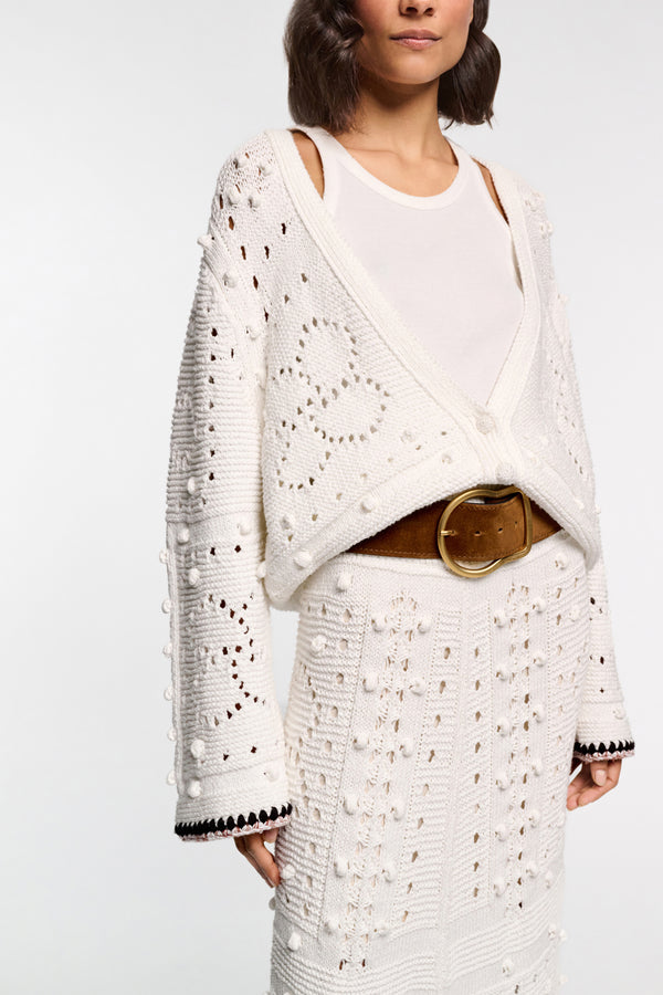 Dorothee Schumacher V-Neck Cardigan with Crochet Trim in White Vancouver. Shop Online or in Store