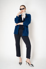 Dorothee Schumacher V-neck Cashmere Cardigan with Pointelle Open-Work Details in Ocean Blue Vancouver. Shop Online or in Store