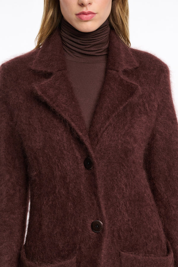 Dorothee Schumacher Virgin Merino-Cashmere Fuzzy Knit Coat in Chocolate Brown Vancouver. Shop Online or in Store.