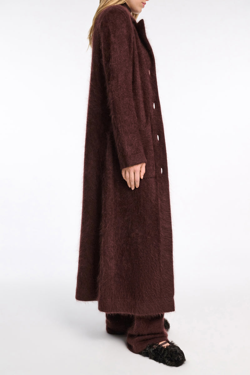Dorothee Schumacher Virgin Merino-Cashmere Fuzzy Knit Coat in Chocolate Brown Vancouver. Shop Online or in Store.