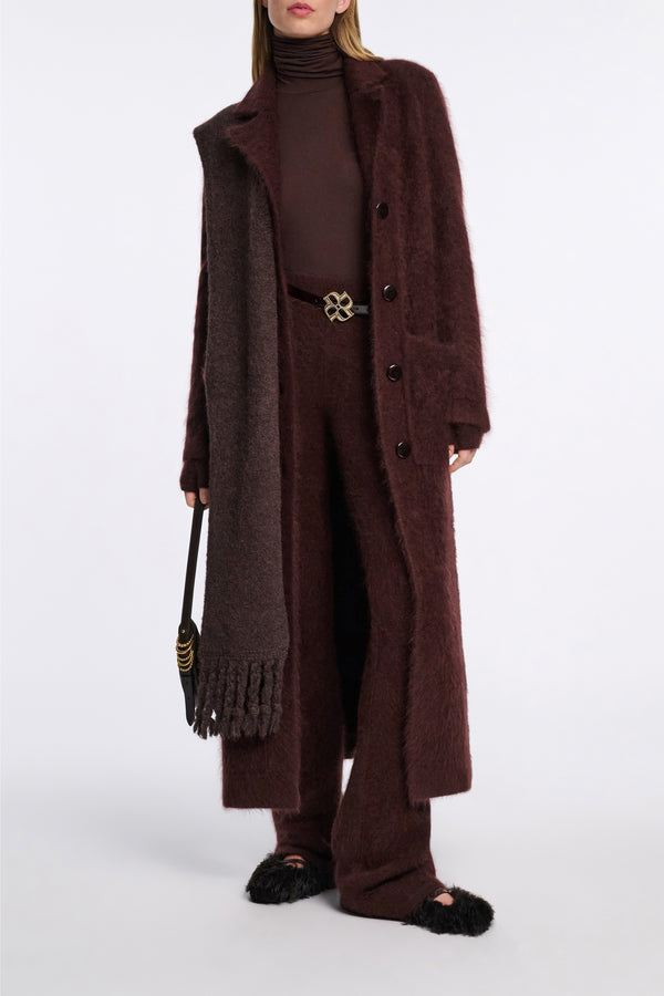 Dorothee Schumacher Virgin Merino-Cashmere Fuzzy Knit Coat in Chocolate Brown Vancouver. Shop Online or in Store.