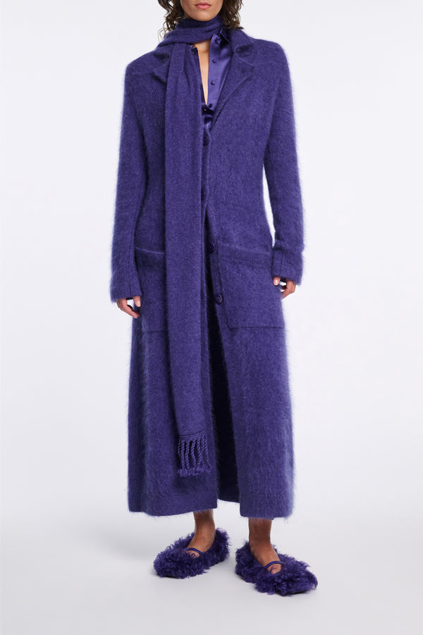 Dorothee Schumacher Virgin Merino-Cashmere Fuzzy Knit Coat in Lavendel Night Vancouver. Shop Online or in Store.