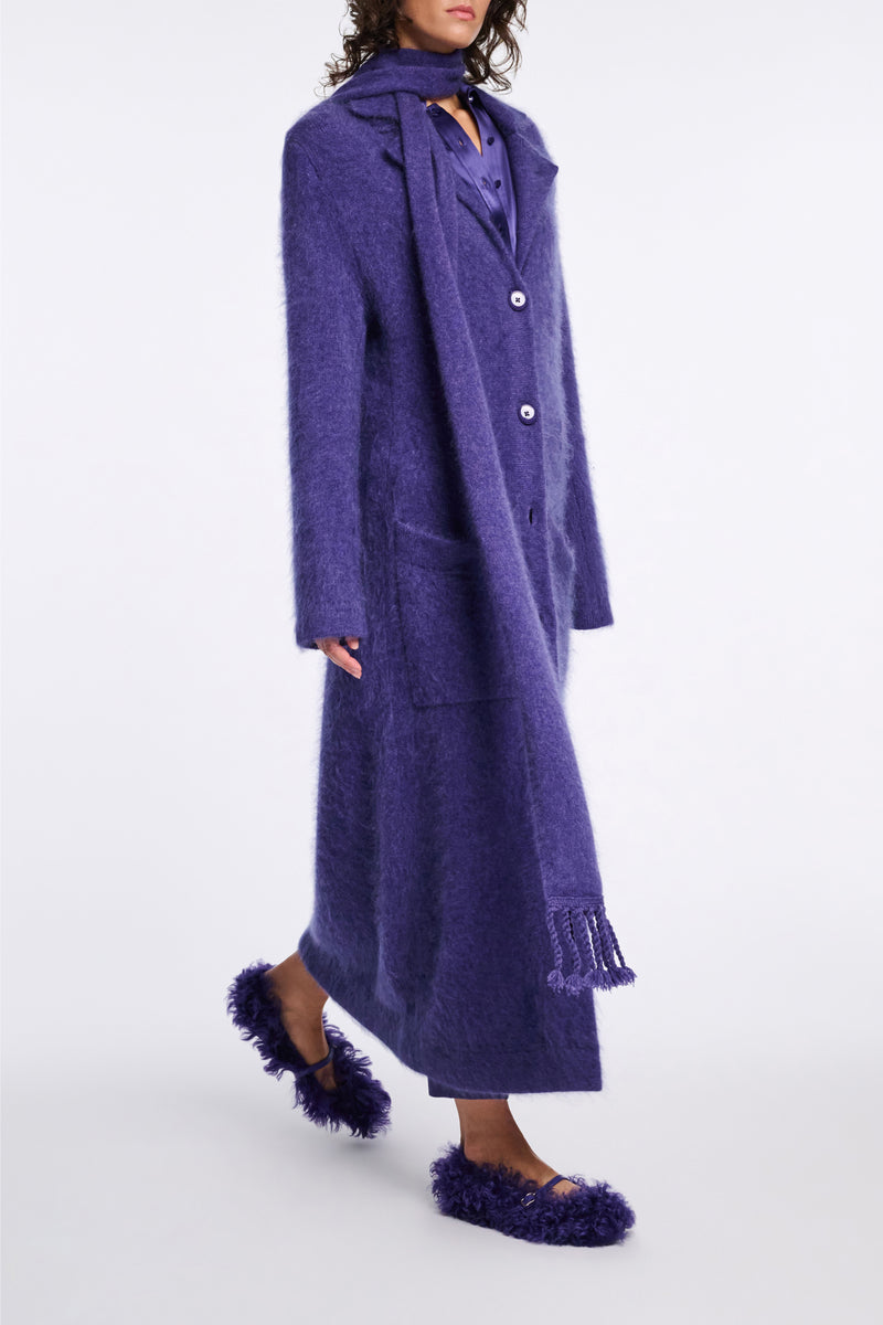 Dorothee Schumacher Virgin Merino-Cashmere Fuzzy Knit Coat in Lavendel Night Vancouver. Shop Online or in Store.