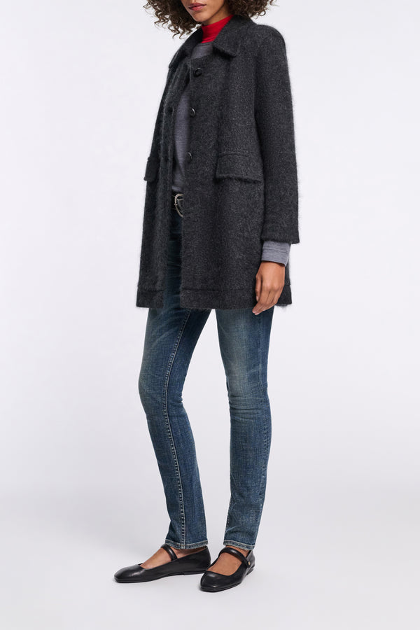 Dorothee Schumacher Virgin Merino-Cashmere Fuzzy Knit Collared Jacket in Dark Grey Vancouver. Shop Online or in Store.