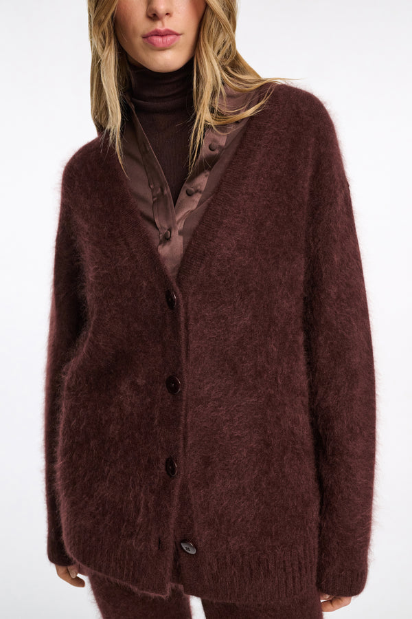 Dorothee Schumacher Virgin Merino-Cashmere Fuzzy Knit V-Neck Cardigan in Chocolate Brown Vancouver. Shop Online or in Store.