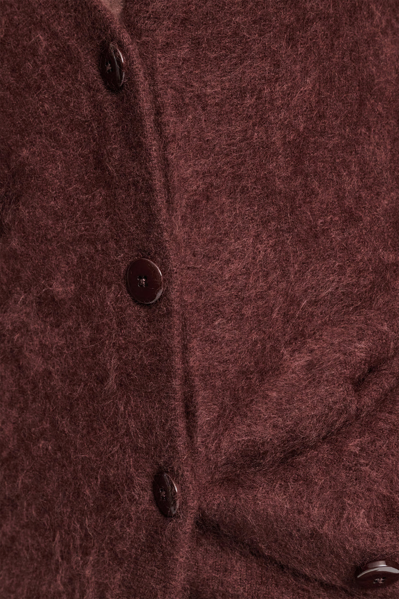 Dorothee Schumacher Virgin Merino-Cashmere Fuzzy Knit V-Neck Cardigan in Chocolate Brown Vancouver. Shop Online or in Store.