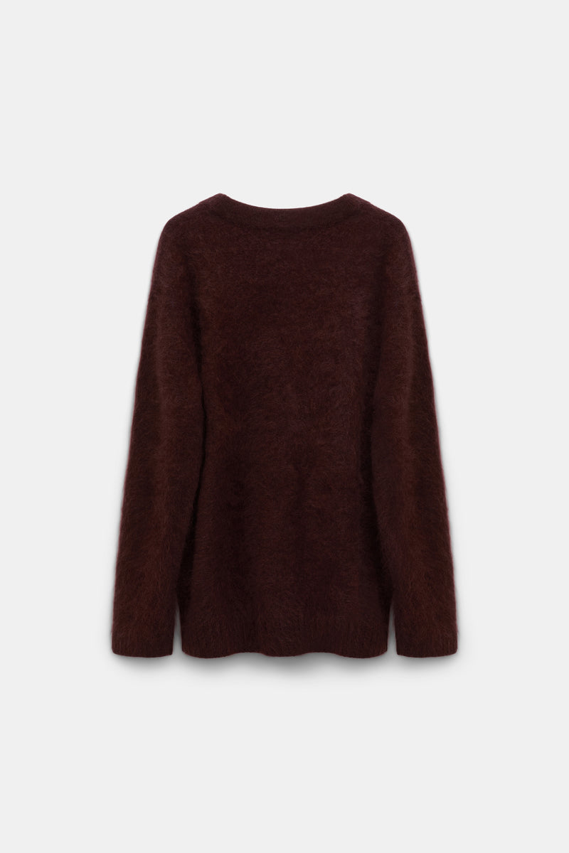 Dorothee Schumacher Virgin Merino-Cashmere Fuzzy Knit V-Neck Cardigan in Chocolate Brown Vancouver. Shop Online or in Store.