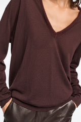 Dorothee Schumacher Virgin Merino Deep V-neck Pullover in Chocolate Brown Vancouver. Shop Online or in Store.)