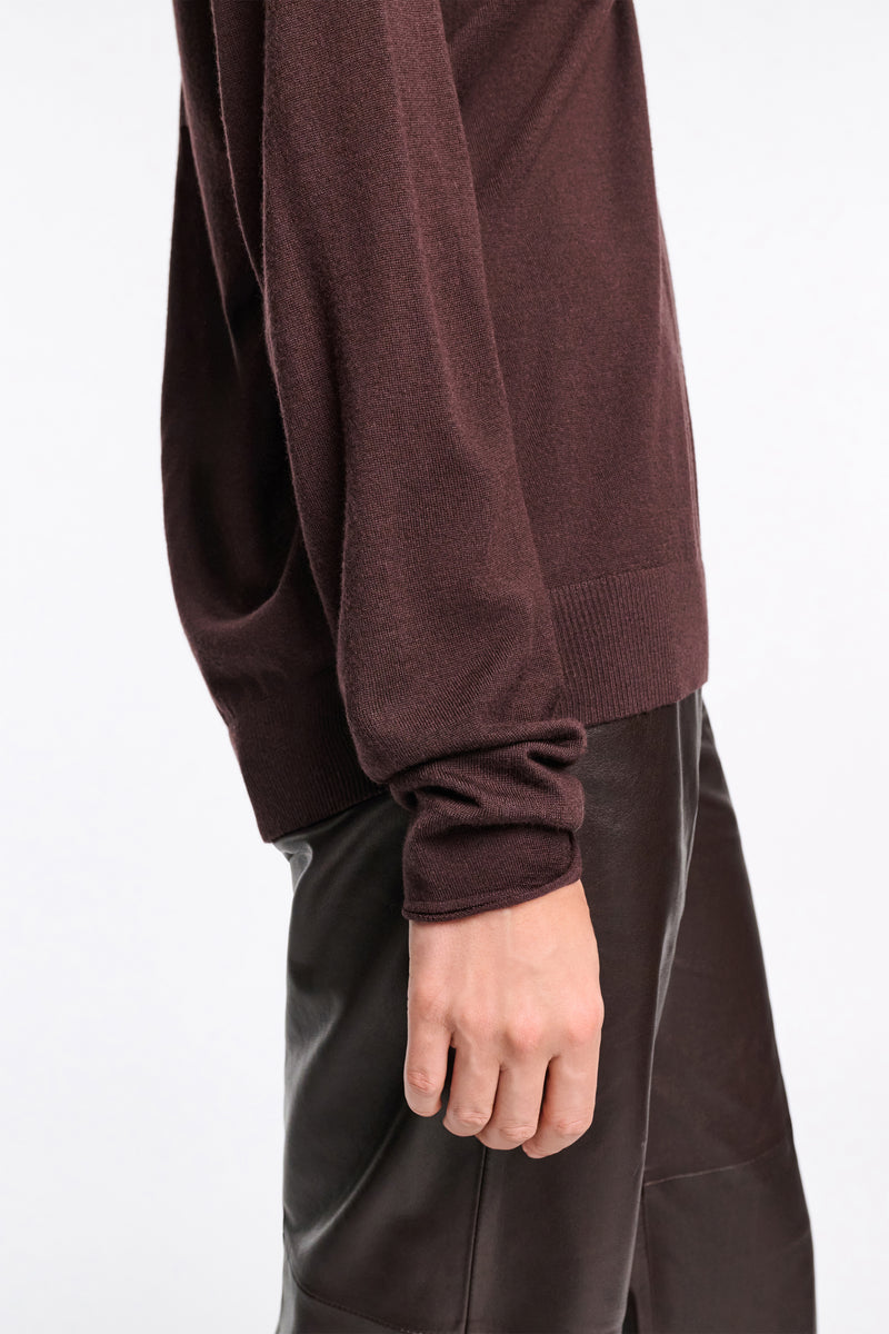 Dorothee Schumacher Virgin Merino Deep V-neck Pullover in Chocolate Brown Vancouver. Shop Online or in Store.)