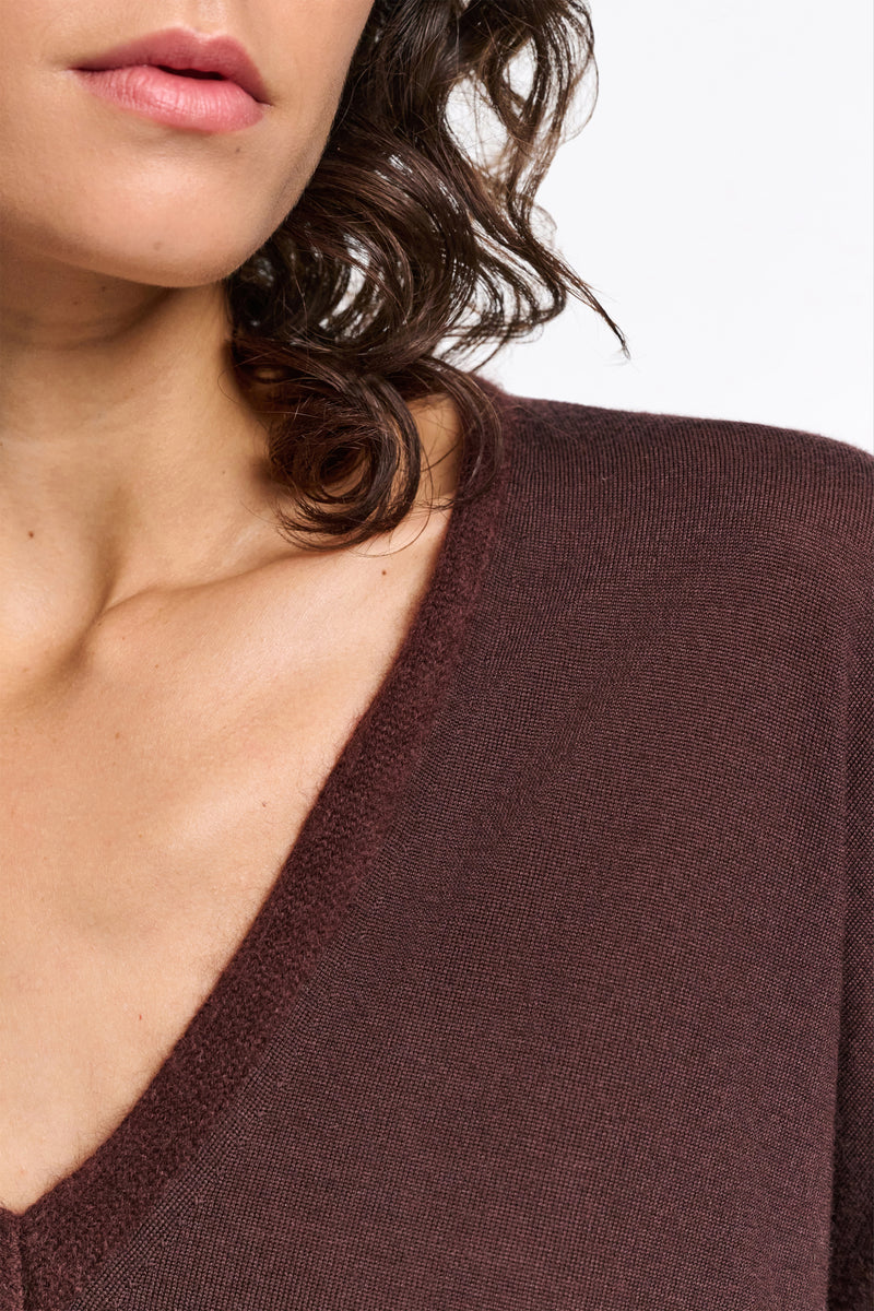 Dorothee Schumacher Virgin Merino Deep V-neck Pullover in Chocolate Brown Vancouver. Shop Online or in Store.)