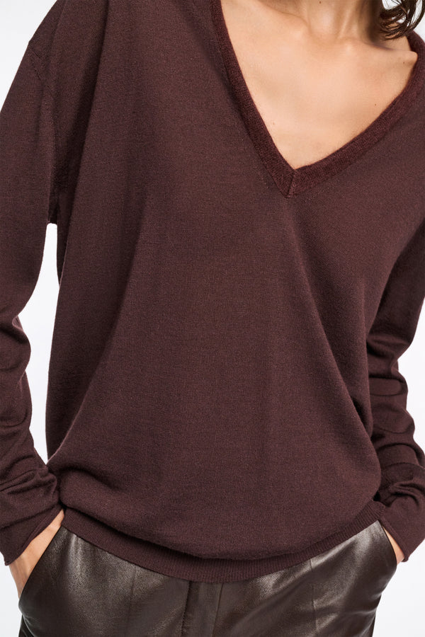 Dorothee Schumacher Virgin Merino Deep V-neck Pullover in Chocolate Brown Vancouver. Shop Online or in Store.)