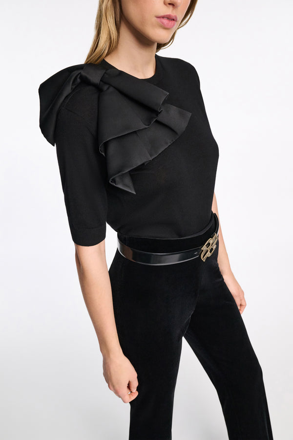 Dorothee Schumacher Virgin Merino Knit Tee with Bow Embellishment in Black Vancouver. Shop Online or in Store.