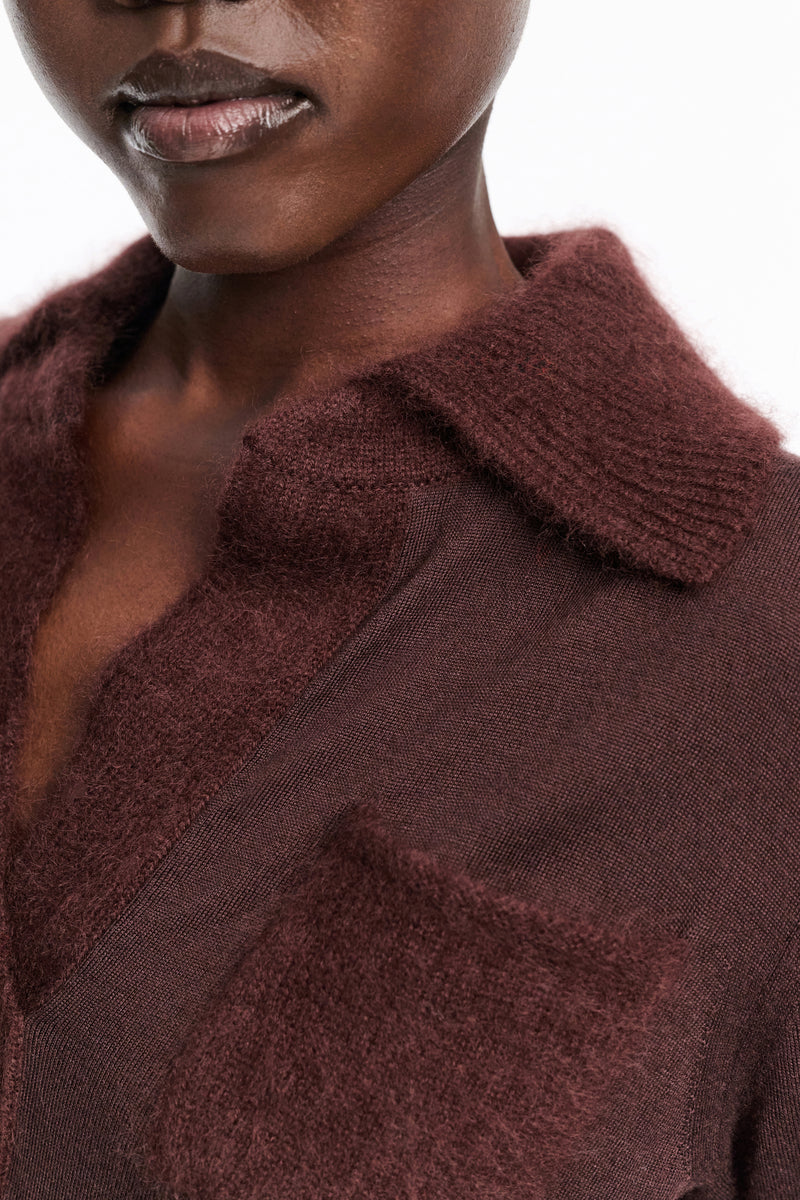 Dorothee Schumacher Virgin Merino Open Collar Knit Top with Fuzzy Trims in Chocolate Brown Vancouver. Shop Online or in Store.