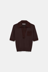 Dorothee Schumacher Virgin Merino Open Collar Knit Top with Fuzzy Trims in Chocolate Brown Vancouver. Shop Online or in Store.