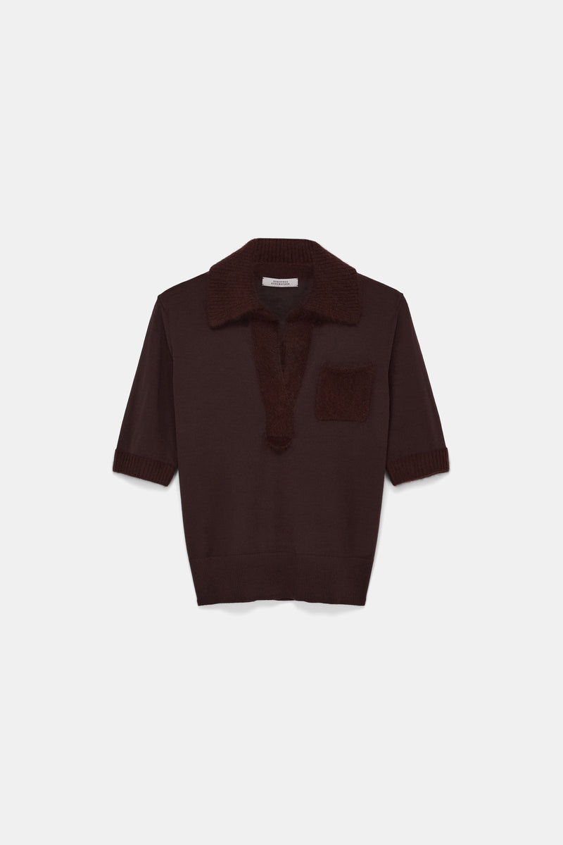 Dorothee Schumacher Virgin Merino Open Collar Knit Top with Fuzzy Trims in Chocolate Brown Vancouver. Shop Online or in Store.