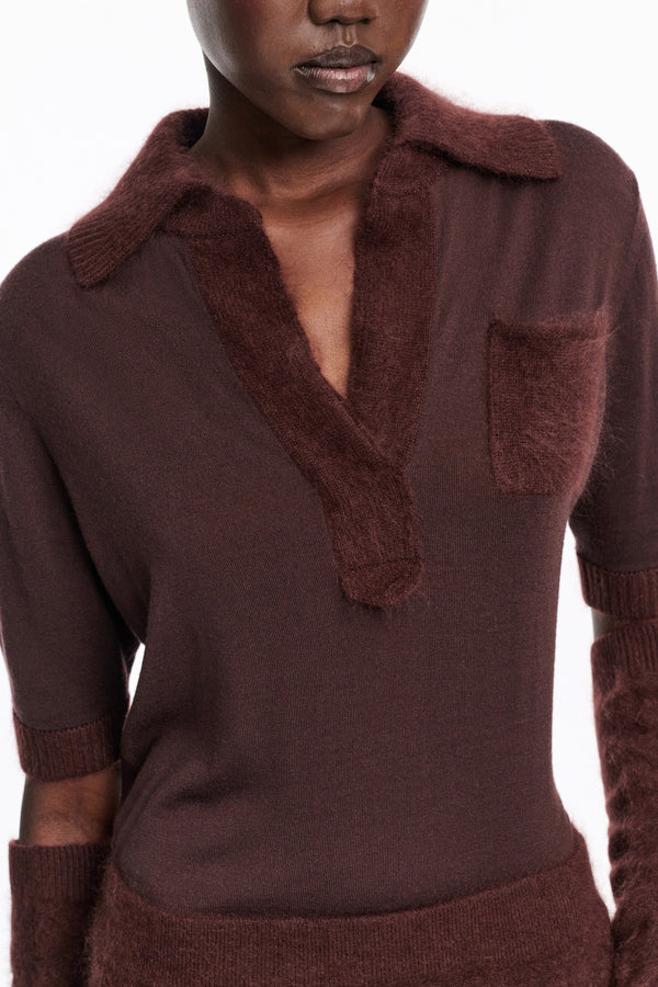 Dorothee Schumacher Virgin Merino Open Collar Knit Top with Fuzzy Trims in Chocolate Brown Vancouver. Shop Online or in Store.