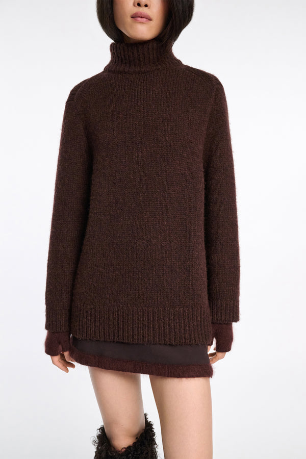 Dorothee Schumacher Virgin Wool-Alpaca Knit Oversized Turtleneck Pullover in Chocolate Brown Vancouver. Shop Online or in Store.
